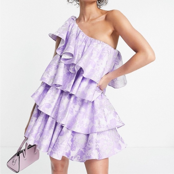 asos purple ruffle dress ASOS DESIGN 3D flower draped ruffle sleeve midaxi dress with open back in lilac
